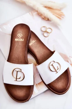 Sale Skórzane Damskie Klapki Nicole 2735 Białe Damskie Klapki Damskie Klasyczne