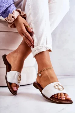 Outlet Skórzane Damskie Klapki Nicole 2735 Biało-Złote Damskie Klapki Damskie Klasyczne