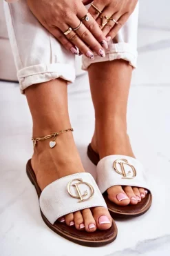 Outlet Skórzane Damskie Klapki Nicole 2735 Biało-Złote Damskie Klapki Damskie Klasyczne