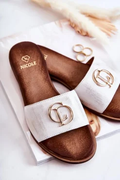 Outlet Skórzane Damskie Klapki Nicole 2735 Biało-Złote Damskie Klapki Damskie Klasyczne