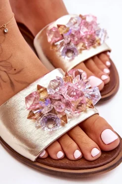 Skórzane Damskie Klapki Z Ozdobą Nicole 2726/064 Złote Damskie Klapki Damskie Klasyczne