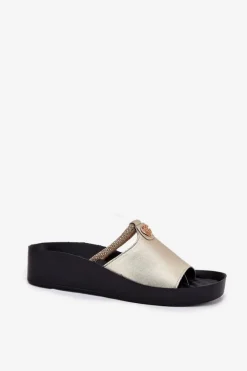 Discount Damskie buty S.Barski Skórzane Damskie Klapki Z Ozdobnym Paskiem KV51-034 Złote Złoty