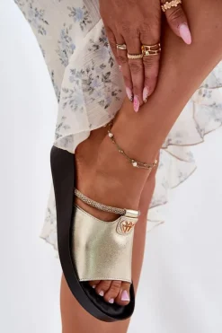 Discount Damskie buty S.Barski Skórzane Damskie Klapki Z Ozdobnym Paskiem KV51-034 Złote Złoty