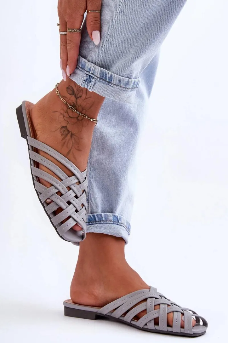 Boto Skórzane Damskie Klapki Z Paskami Szare Doralia