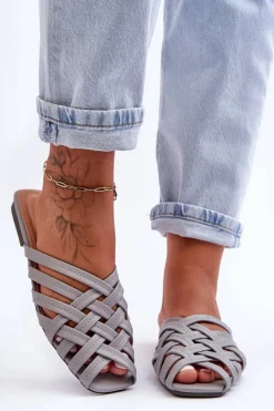 Boto Skórzane Damskie Klapki Z Paskami Szare Doralia