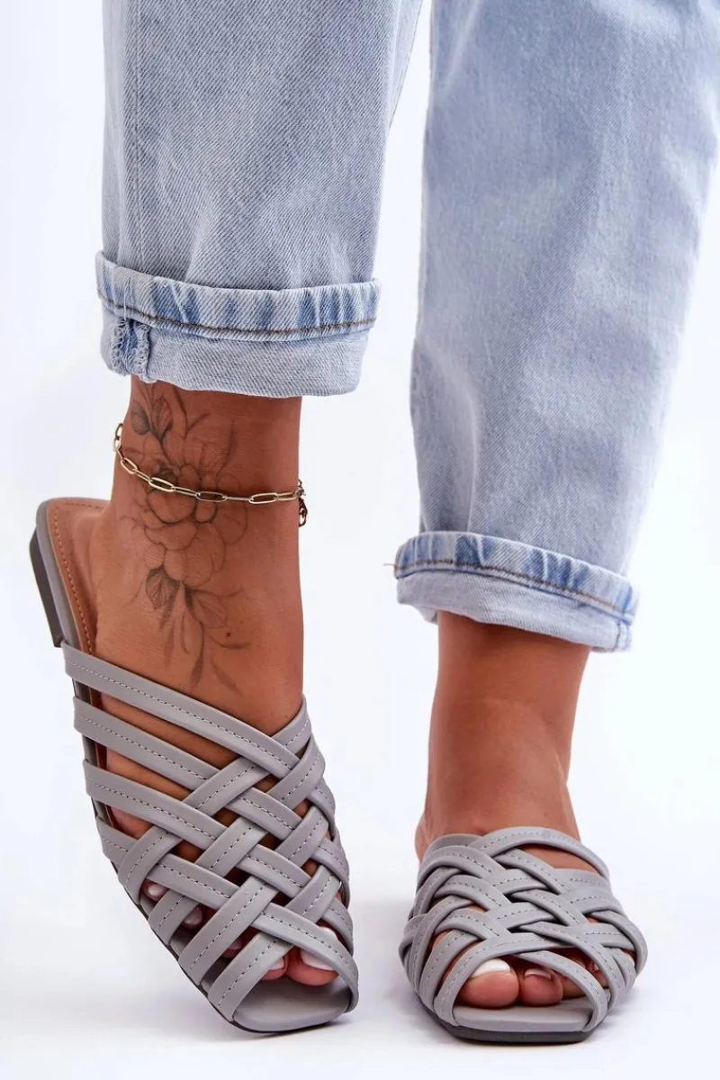 Boto Skórzane Damskie Klapki Z Paskami Szare Doralia