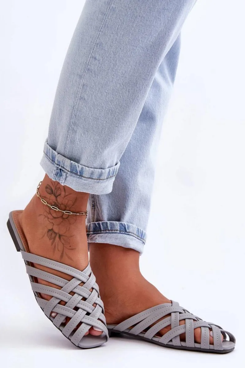 Boto Skórzane Damskie Klapki Z Paskami Szare Doralia