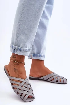 Boto Skórzane Damskie Klapki Z Paskami Szare Doralia