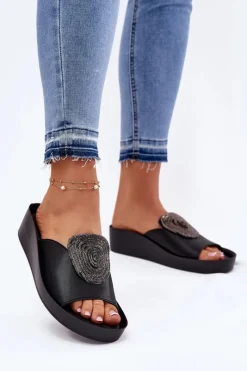 Best Skórzane Damskie Klapki Z Ozdobą KV51-028 Czarne Damskie Klapki Na Koturnie|Klapki Na Platformie