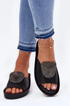 Best Skórzane Damskie Klapki Z Ozdobą KV51-028 Czarne Damskie Klapki Na Koturnie|Klapki Na Platformie