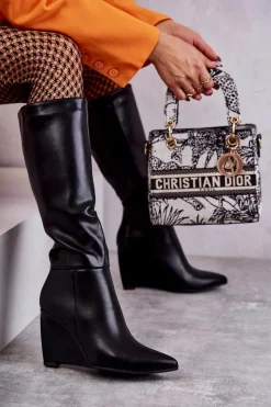 Kozaki Wiosenne|Kozaki Na Koturnie>Boto Skórzane Damskie Kozaki Na Koturnie Czarne Arlene