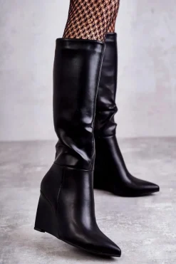Kozaki Wiosenne|Kozaki Na Koturnie>Boto Skórzane Damskie Kozaki Na Koturnie Czarne Arlene