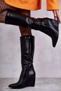 Kozaki Wiosenne|Kozaki Na Koturnie></noscript>Boto Skórzane Damskie Kozaki Na Koturnie Czarne Arlene