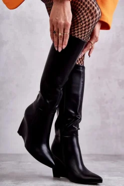 Kozaki Wiosenne|Kozaki Na Koturnie></noscript>Boto Skórzane Damskie Kozaki Na Koturnie Czarne Arlene