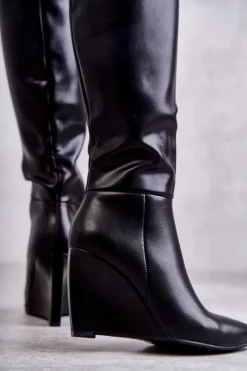 Kozaki Wiosenne|Kozaki Na Koturnie></noscript>Boto Skórzane Damskie Kozaki Na Koturnie Czarne Arlene