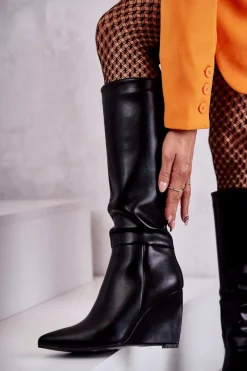 Kozaki Wiosenne|Kozaki Na Koturnie></noscript>Boto Skórzane Damskie Kozaki Na Koturnie Czarne Arlene