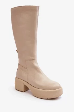 Kozaki Przed Kolano|Kozaki Na Obcasie>Boto Skórzane Damskie Kozaki Przed Kolano Lemar Jasnobeżowe Malayah