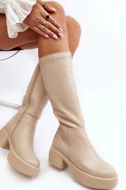 Kozaki Przed Kolano|Kozaki Na Obcasie></noscript>Boto Skórzane Damskie Kozaki Przed Kolano Lemar Jasnobeżowe Malayah