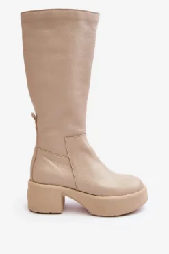 Kozaki Przed Kolano|Kozaki Na Obcasie></noscript>Boto Skórzane Damskie Kozaki Przed Kolano Lemar Jasnobeżowe Malayah