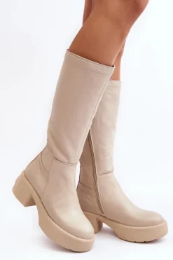 Kozaki Przed Kolano|Kozaki Na Obcasie></noscript>Boto Skórzane Damskie Kozaki Przed Kolano Lemar Jasnobeżowe Malayah