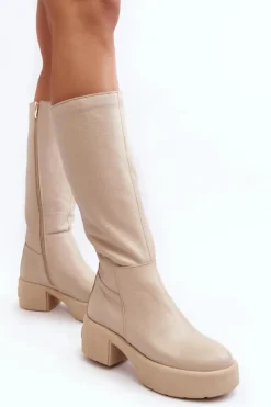 Kozaki Przed Kolano|Kozaki Na Obcasie></noscript>Boto Skórzane Damskie Kozaki Przed Kolano Lemar Jasnobeżowe Malayah