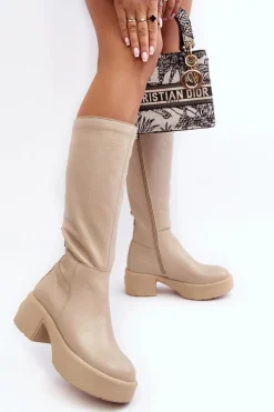 Kozaki Przed Kolano|Kozaki Na Obcasie></noscript>Boto Skórzane Damskie Kozaki Przed Kolano Lemar Jasnobeżowe Malayah