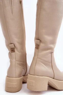 Kozaki Przed Kolano|Kozaki Na Obcasie></noscript>Boto Skórzane Damskie Kozaki Przed Kolano Lemar Jasnobeżowe Malayah