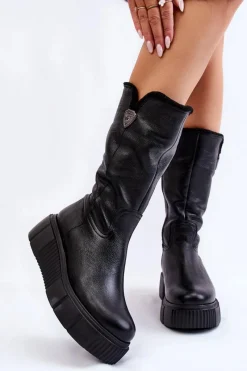 Kozaki Ocieplane|Kozaki Na Koturnie>Zazoo Skórzane Damskie Kozaki Z Wełną 70121 Czarne Czarny