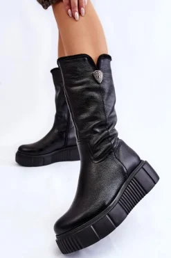 Kozaki Ocieplane|Kozaki Na Koturnie>Zazoo Skórzane Damskie Kozaki Z Wełną 70121 Czarne Czarny