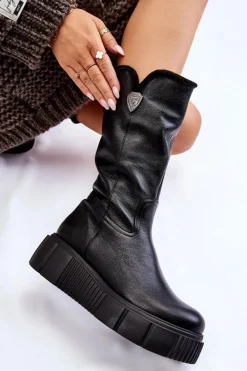 Kozaki Ocieplane|Kozaki Na Koturnie></noscript>Zazoo Skórzane Damskie Kozaki Z Wełną 70121 Czarne Czarny