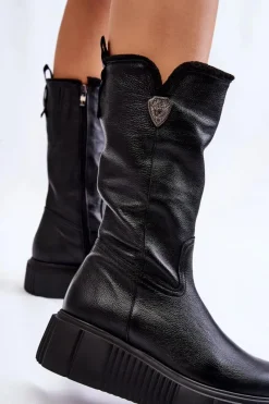 Kozaki Ocieplane|Kozaki Na Koturnie></noscript>Zazoo Skórzane Damskie Kozaki Z Wełną 70121 Czarne Czarny