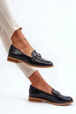 Loafersy Damskie|Mokasyny Płaskie>Laura Messi Skórzane Damskie Lakierowane Mokasyny 2760 Granatowe Niebieski