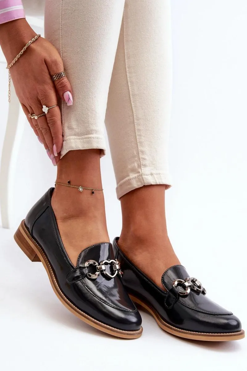 Loafersy Damskie|Mokasyny Płaskie>Laura Messi Skórzane Damskie Lakierowane Mokasyny 2760 Granatowe Niebieski