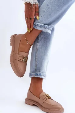 Outlet Boto Skórzane Damskie Mokasyny Na Płaskim Obcasie Beżowe Sincias