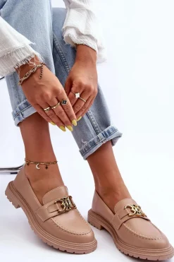 Outlet Boto Skórzane Damskie Mokasyny Na Płaskim Obcasie Beżowe Sincias