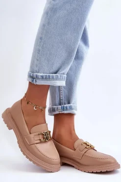 Outlet Boto Skórzane Damskie Mokasyny Na Płaskim Obcasie Beżowe Sincias