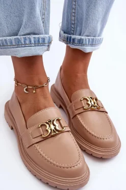 Outlet Boto Skórzane Damskie Mokasyny Na Płaskim Obcasie Beżowe Sincias