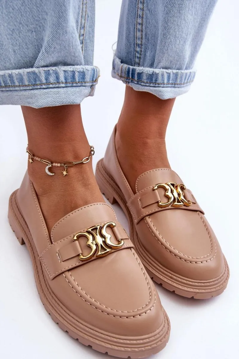 Outlet Boto Skórzane Damskie Mokasyny Na Płaskim Obcasie Beżowe Sincias