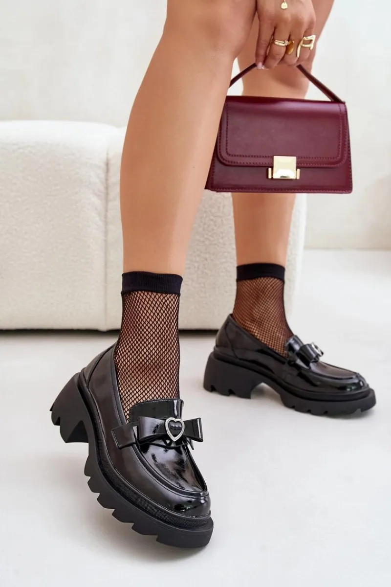 Sale Skórzane Damskie Mokasyny Z Kokardką I Sercem D&A LZ42-032 Czarne Damskie Loafersy Damskie|Mokasyny Damskie Skórzane