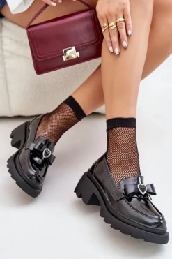 Sale Skórzane Damskie Mokasyny Z Kokardką I Sercem D&A LZ42-032 Czarne Damskie Loafersy Damskie|Mokasyny Damskie Skórzane