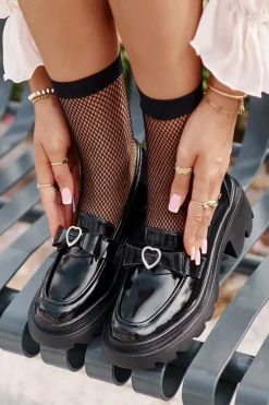 Sale Skórzane Damskie Mokasyny Z Kokardką I Sercem D&A LZ42-032 Czarne Damskie Loafersy Damskie|Mokasyny Damskie Skórzane