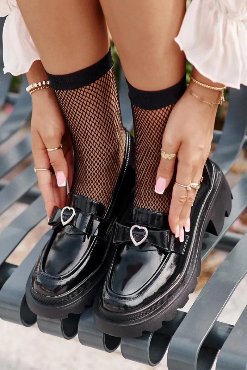 Sale Skórzane Damskie Mokasyny Z Kokardką I Sercem D&A LZ42-032 Czarne Damskie Loafersy Damskie|Mokasyny Damskie Skórzane