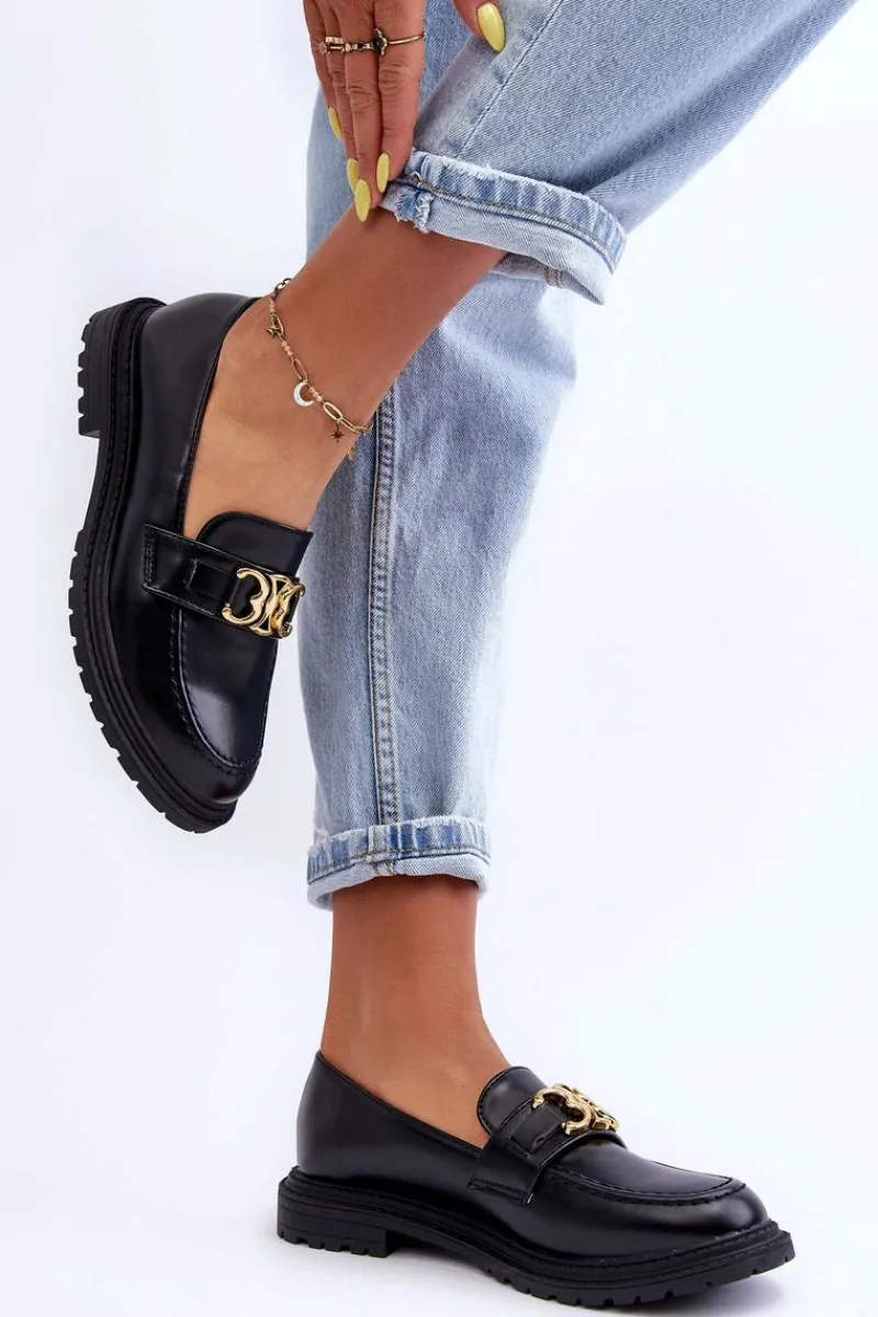 Mokasyny Na Platformie>Boto Skórzane Damskie Mokasyny Na Płaskim Obcasie Czarne Sincias