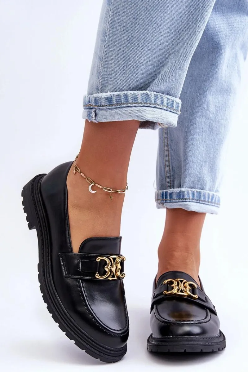 Mokasyny Na Platformie>Boto Skórzane Damskie Mokasyny Na Płaskim Obcasie Czarne Sincias