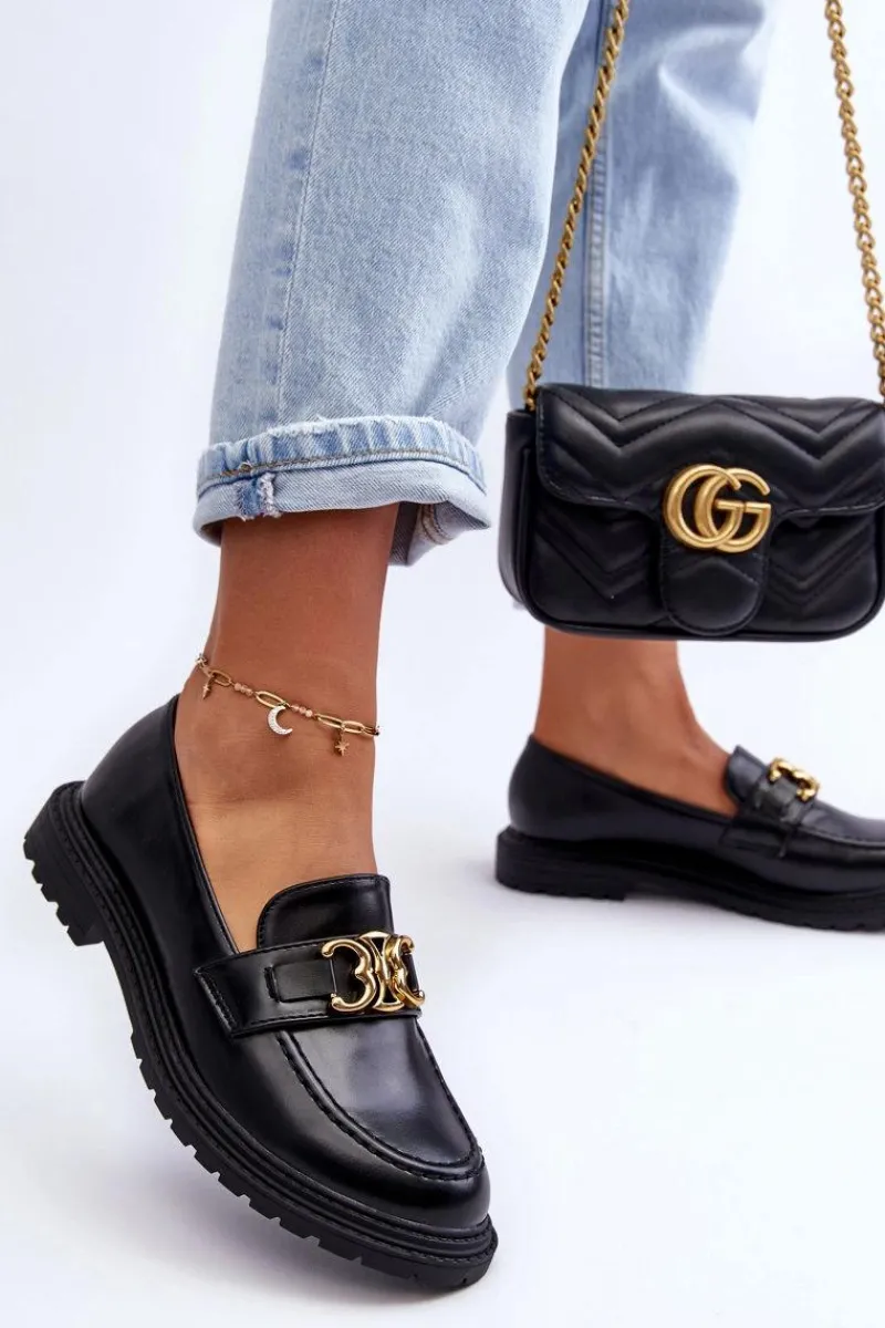 Mokasyny Na Platformie>Boto Skórzane Damskie Mokasyny Na Płaskim Obcasie Czarne Sincias