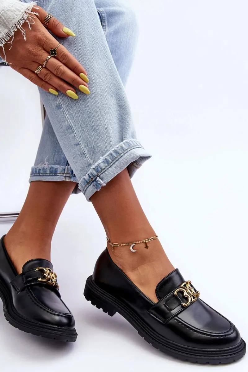 Mokasyny Na Platformie>Boto Skórzane Damskie Mokasyny Na Płaskim Obcasie Czarne Sincias