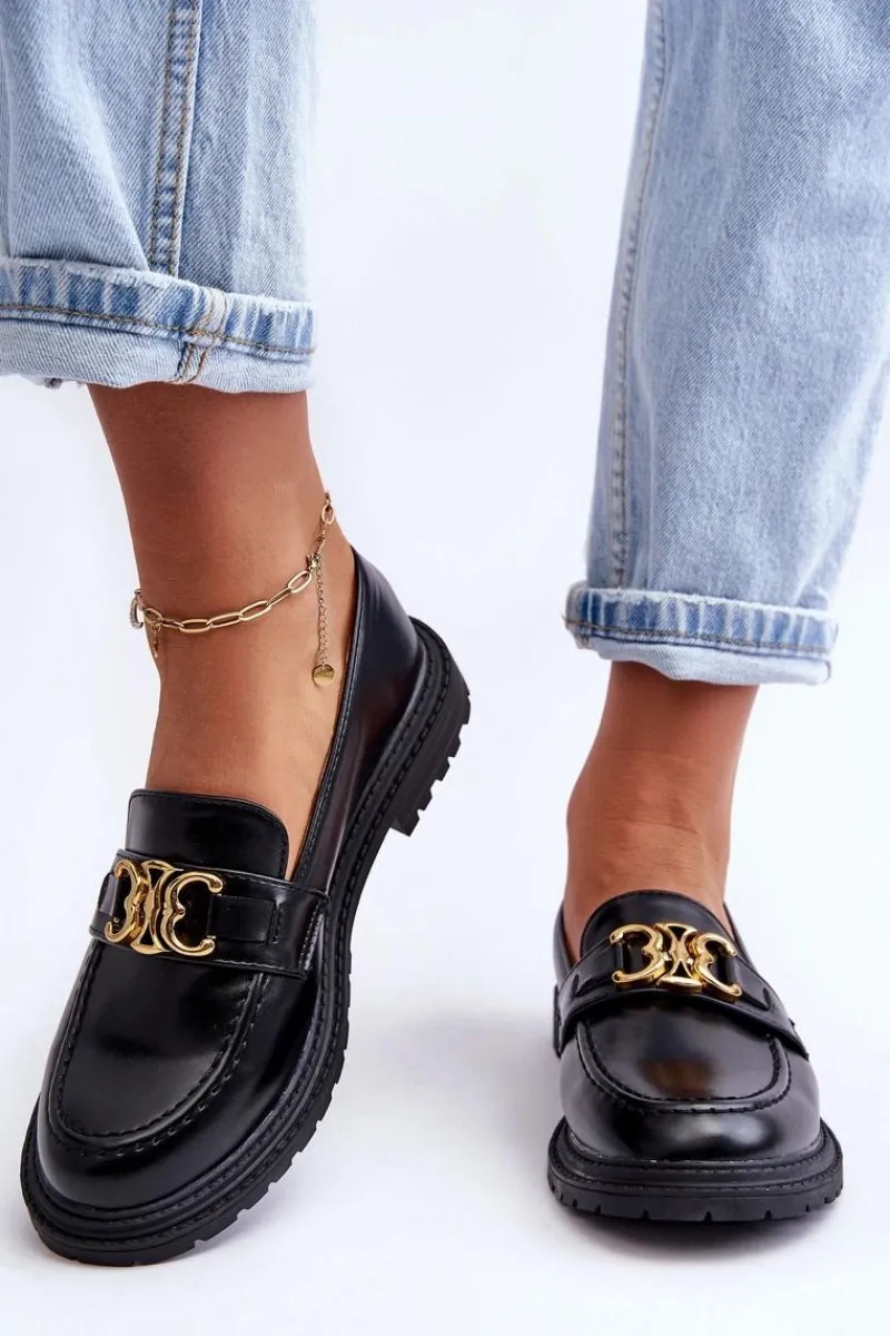 Mokasyny Na Platformie>Boto Skórzane Damskie Mokasyny Na Płaskim Obcasie Czarne Sincias