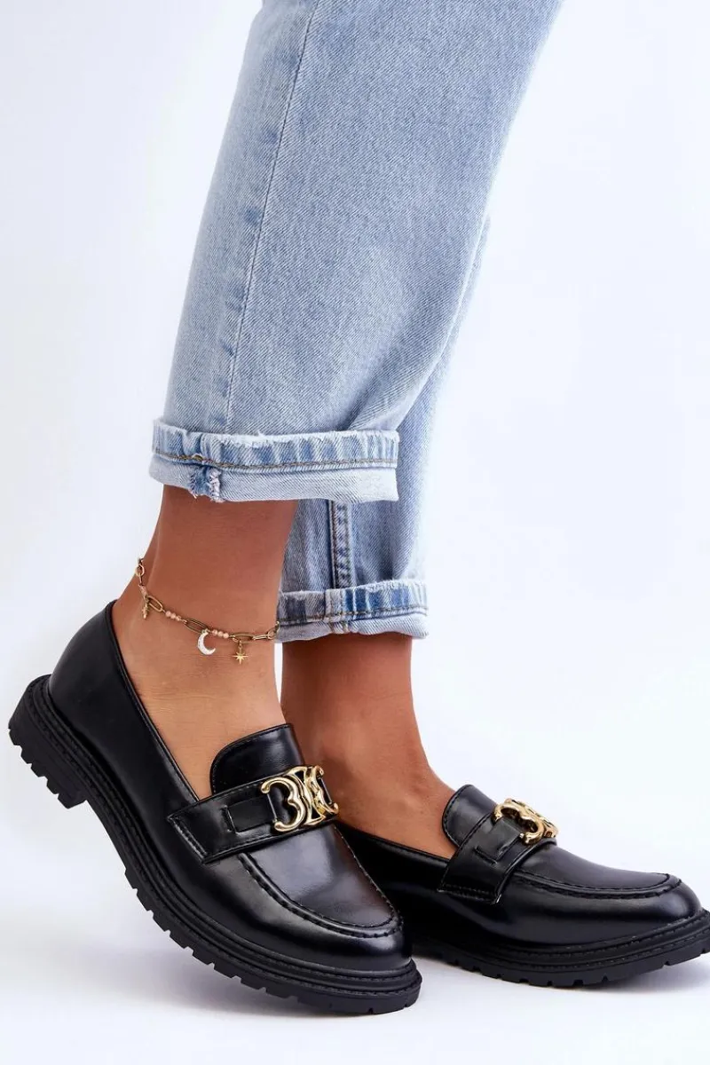 Mokasyny Na Platformie>Boto Skórzane Damskie Mokasyny Na Płaskim Obcasie Czarne Sincias