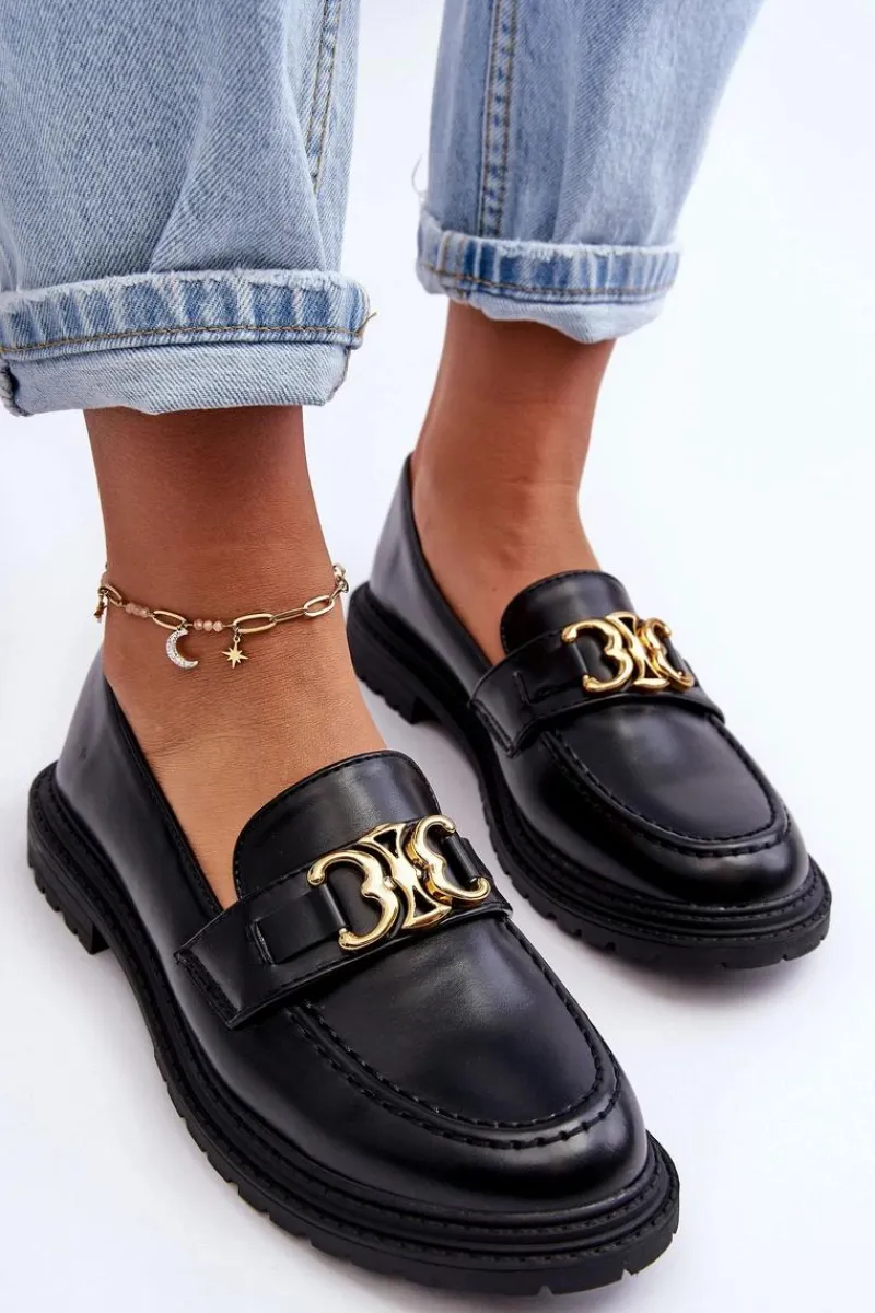 Mokasyny Na Platformie>Boto Skórzane Damskie Mokasyny Na Płaskim Obcasie Czarne Sincias