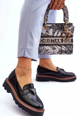 Outlet Buty damskie Vinceza Skórzane Damskie Mokasyny Na Platformie Z Ozdobą Czarne Jonett